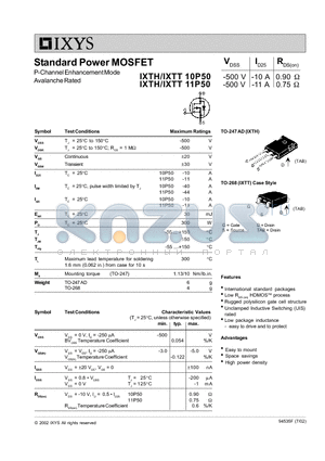 IXTH11P50 datasheet - Standard Power MOSFET P-Channel Enhancement Mode Avalanche Rated