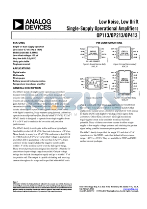 OP213FS datasheet - Low Noise, Low Drift Single-Supply Operational Amplifiers