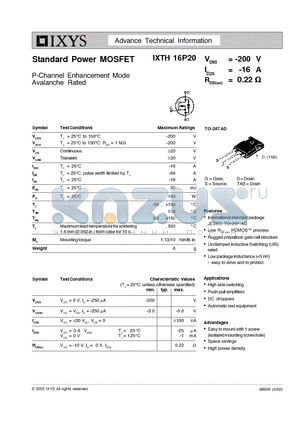 IXTH16P20 datasheet - Standard Power MOSFET