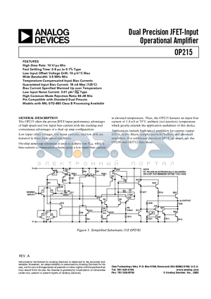 OP215AJMDA datasheet - Dual Precision JFET-Input Operational Amplifier