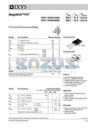 IXTH21N50 datasheet - MegaMOSFET