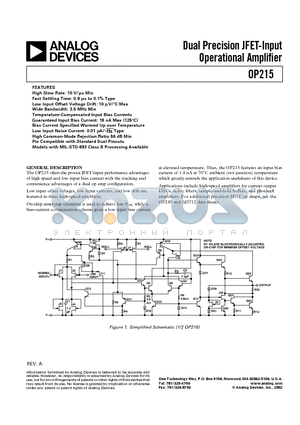 OP215BRCMDA datasheet - Dual Precision JFET-Input Operational Amplifier