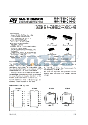 M74HC4040C1R datasheet - HC4020 14 STAGE BINARY COUNTER HC4040 12 STAGE BINARY COUNTER