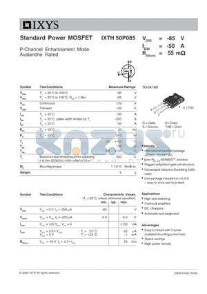 IXTH50P085 datasheet - Standard Power MOSFET