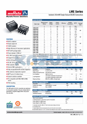 LME0512SC datasheet - Isolated 250mW Single Output DC/DC Converters