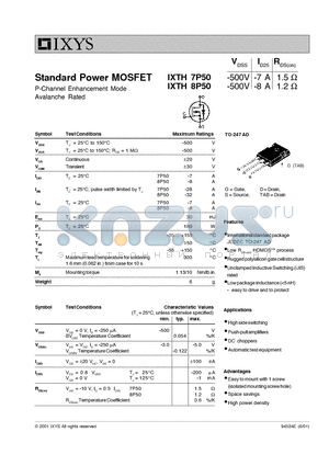 IXTH8P50 datasheet - Standard Power MOSFET P-Channel Enhancement Mode Avalanche Rated