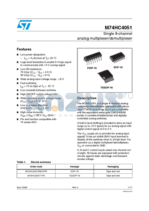 M74HC4051RM13TR datasheet - Single 8-channel analog multiplexer/demultiplexer