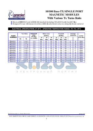 PM-6008 datasheet - 10/100 Base-TX SINGLE PORT MAGNETIC MODULES With Various Tx Turns Ratio