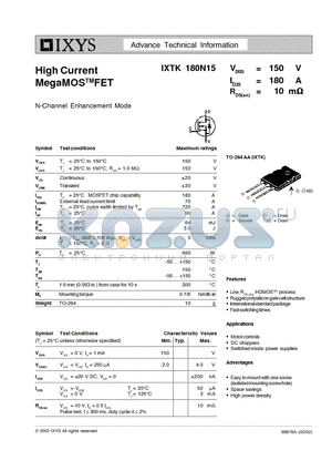 IXTK180N15 datasheet - High Current MegaMOSTMFET