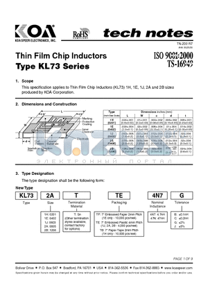 KL731ETTP18N datasheet - Thin Film Chip Inductors