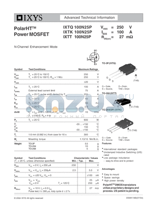 IXTK100N25P datasheet - PolarHT Power MOSFET N-Channel Enhancement Mode