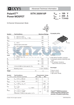 IXTK200N10P datasheet - PolarHTTM Power MOSFET
