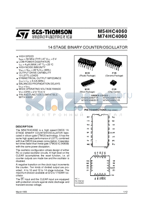M74HC4060B1R datasheet - 14 STAGE BINARY COUNTER/OSCILLATOR
