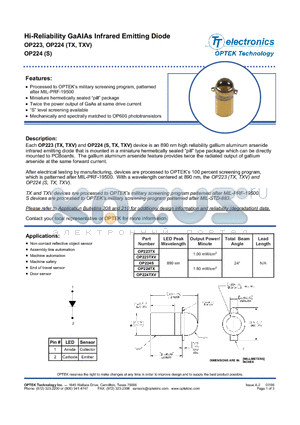 OP224TX datasheet - Hi-Reliability GaAIAs Infrared Emitting Diode