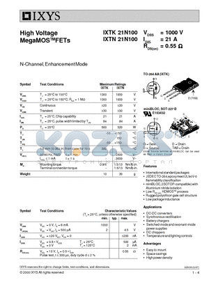 IXTN21N100 datasheet - High Voltage MegaMOSTMFETs