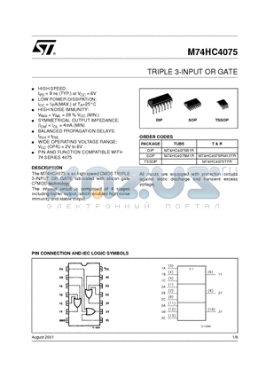 M74HC4075 datasheet - TRIPLE 3-INPUT OR GATE