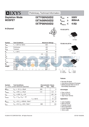 IXTP08N50D2 datasheet - Depletion Mode MOSFET