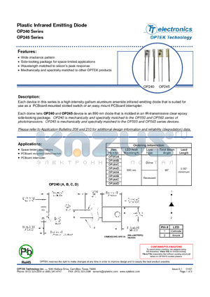 OP240 datasheet - Plastic Infrared Emitting Diode