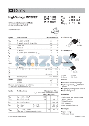 IXTP1N80 datasheet - High Voltage MOSFET