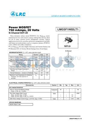 LMGSF1N02LT1 datasheet - Power MOSFET 750 mAmps, 20 Volts