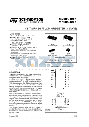 M74HC4094 datasheet - 8 BIT SIPO SHIFT LATCH REGISTER 3-STATE