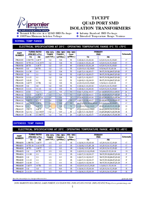 PM-8100 datasheet - T1/CEPT QUAD PORT SMD ISOLATION TRANSFORMERS