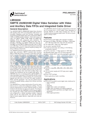 LMH0030VS datasheet - SMPTE 292M/259M Digital Video Serializer with Video and Ancillary Data FIFOs and Integrated Cable Driver