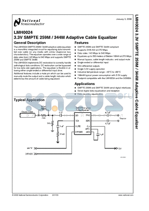 LMH0024 datasheet - 3.3V SMPTE 259M / 344M Adaptive Cable Equalizer