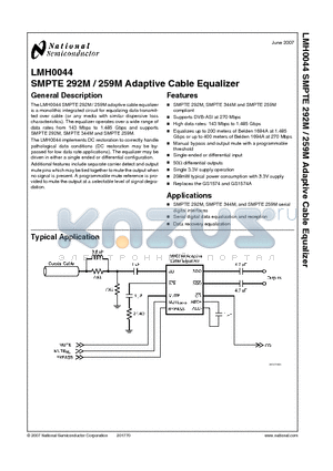 LMH0044SQ datasheet - SMPTE 292M / 259M Adaptive Cable Equalizer