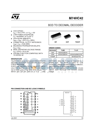 M74HC42B1R datasheet - BCD TO DECIMAL DECODER