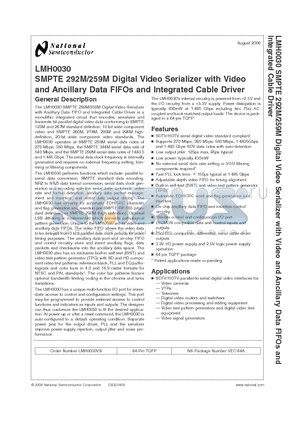 LMH0030 datasheet - SMPTE 292M/259M Digital Video Serializer with Video and Ancillary Data FIFOs and Integrated Cable Driver