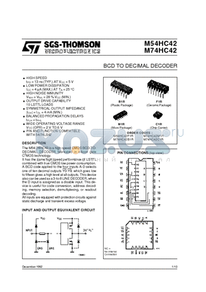 M74HC42C1R datasheet - BCD TO DECIMAL DECODER