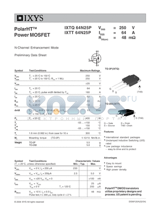 IXTQ64N25 datasheet - PolarHT Power MOSFET