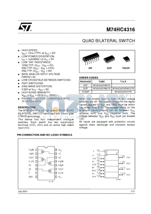 M74HC4316M1R datasheet - QUAD BILATERAL SWITCH