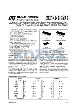 M74HC4351B1R datasheet - ANALOGMULTIPLEXER/DEMULTIPLEXER WITHADDRESS LATCH: SINGLE8CHANNEL, DUAL 4CHANNEL, TRIPLE2CHANNEL