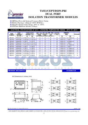 PM-8403 datasheet - T1/E1/CEPT/ISDN-PRI DUAL PORT ISOLATION TRANSFORMER MODULES