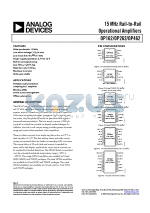 OP262 datasheet - 15 MHz Rail-to-Rail Operational Amplifiers