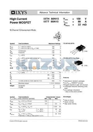 IXTT88N15 datasheet - High Current Power MOSFET