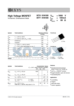 IXTU01N100 datasheet - High Voltage MOSFET N-Channel, Enhancement Mode