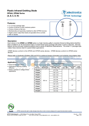 OP265A datasheet - Plastic Infrared Emitting Diode