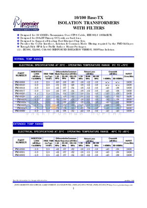 PM-8510 datasheet - 10/100 Base-TX ISOLATION TRANSFORMERS WITH FILTERS