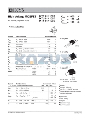 IXTY01N100D datasheet - N-Channel, Depletion Mode High Voltage MOSFET