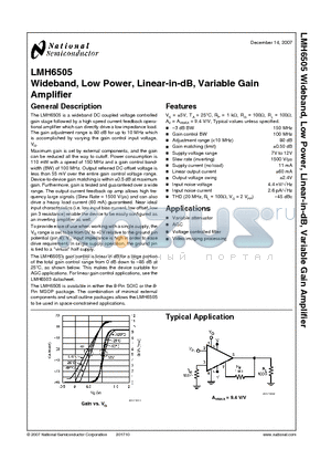 LMH6505MAX datasheet - Wideband, Low Power, Linear-in-dB, Variable Gain Amplifier