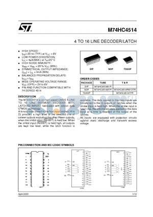 M74HC4514B1R datasheet - 4 TO 16 LINE DECODER/LATCH