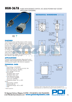 HGN-367A01Q-25-2M3S datasheet - FUSED WITH DISTANCE SWITCH, IEC 60320 POWER INLET SOCKET WITH FUSE/S (5X20MM)