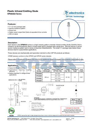 OP265AB datasheet - Plastic Infrared Emitting Diode