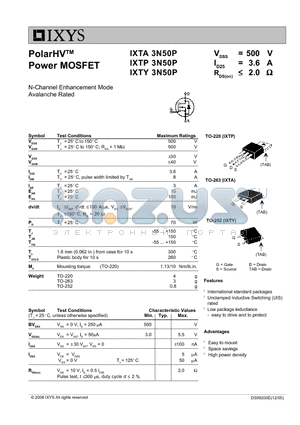 IXTY3N50P datasheet - PolarHV Power MOSFET