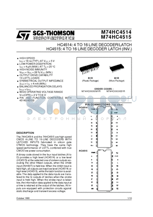 M74HC4515 datasheet - HC4514: 4 TO 16 LINE DECODER/LATCH HC4515: 4 TO 16 LINE DECODER LATCH (INV.)