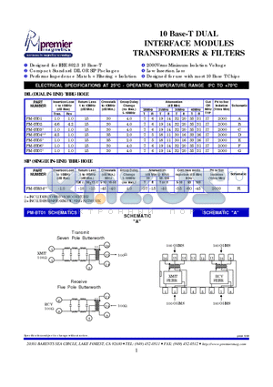 PM-BT01 datasheet - 10 Base-T DUAL INTERFACE MODULES TRANSFORMERS & FILTERS