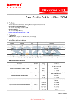 MBR30100CT_10 datasheet - Power Schottky Rectifier - 30Amp 100Volt